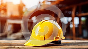 yellow safety helmet on the table with construction site on the background