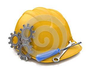 Yellow safety helmet and tools with gears. 3D Icon on w