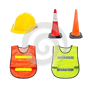 Yellow safety helmet , Traffic cone - barricade warning cones ,