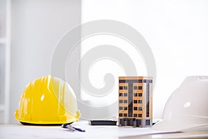 Yellow safety helmet were prepared for workers to wear before entering the construction area to prevent the danger of falling