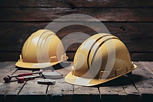 Yellow safety helmets prepared for workers, placed on wooden table