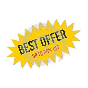 Yellow sale starburst sticker - oval label and badge with stared edges and best offer and discount signs.