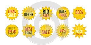 Yellow sale starburst sticker set - star edge round labels and badges with best offer and discount signs.