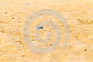 Yellow sand on the beach with a few small stones.