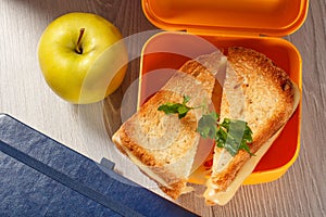 Yellow sandwich box with toasted slices of bread, cheese and gre