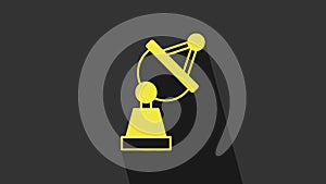 Yellow Satellite dish icon isolated on grey background. Radio antenna, astronomy and space research. 4K Video motion