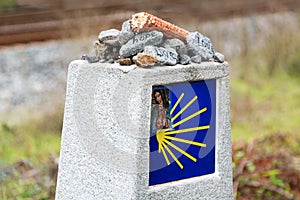 Yellow scallop shell, touristic symbol of the Camino de Santiago showing direction on Camino Norte in Spain.Column with rocks