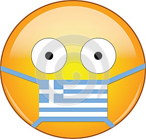 Yellow scared emoji in Greek medical mask protecting from SARS, coronavirus, bird flu and other viruses, germs and bacteria and