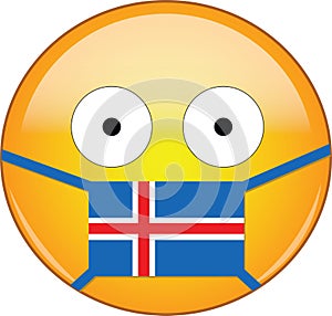 Yellow scared emoji in Icelander medical mask protecting from SARS, coronavirus, bird flu and other viruses, germs and bacteria