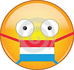 Yellow scared emoji in Luxembourger medical mask protecting from SARS, coronavirus, bird flu and other viruses, germs and bacteria