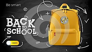 Yellow school backpack over black school board background with chalk doodle