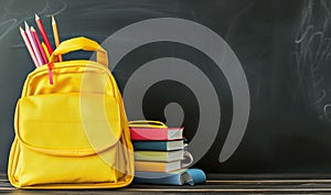 Yellow school bag with books and accessory 1