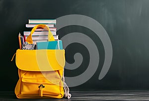 Yellow school bag with books and accessory 2