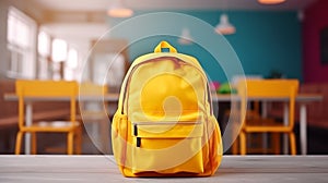 A yellow school bag on the desk at the classroom in the morning. - Generative ai