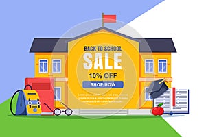 Yellow school building frame with copy space. Back to school sale vector banner, poster template. Education concept
