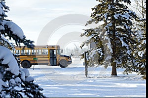 Yellow school bus arrived to remote location in winter