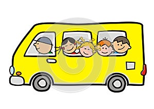 Yellow School bus, autocar, van, children and driver, isolated vector illustration