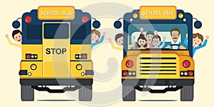 Yellow school bus back and front view with happy smiling kids riding on the school bus