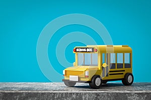 Yellow school bus on blue background with back to school concept. Classic school bus automobile. 3D rendering