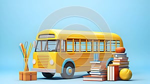 Yellow school bus with books on a blue background, Generative AI 2