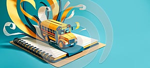 Yellow school bus dynamically springing from the pages of a lined notebook.