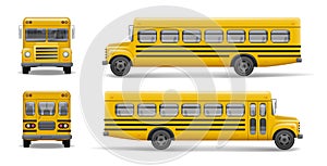 Yellow school bus front, back and side view. Transportation and vehicle transport, back to the school. Relistic bus