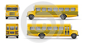 Yellow school bus front, back and side view. Transportation and vehicle transport, back to the school. Relistic bus photo