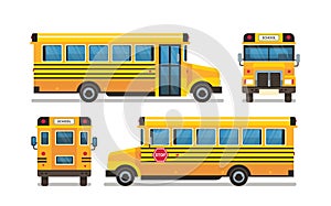 Yellow school bus front side rear view pupils transport concept on white background flat horizontal