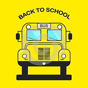 Yellow school bus in front view isolated on background. Education, teaching concept. Vector flat cartoon design