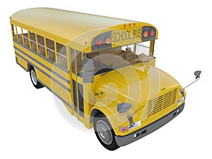 Yellow school bus with red stop sign. Transportation of students or kids side or isometric view 3d rendering