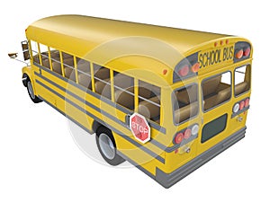 Yellow school bus with red stop sign. Transportation of students or kids side or isometric view 3d rendering