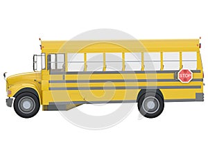 Yellow school bus with red stop sign. Transportation of students or kids side or isometric view 3d rendering