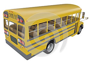 Yellow school bus with red stop sign. Transportation of students or kids side or isometric view 3d rendering