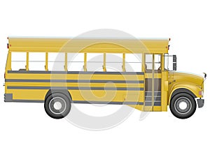 Yellow school bus with red stop sign. Transportation of students or kids side or isometric view 3d rendering