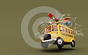 Yellow school bus with school accessories and symbols on green background with copy space