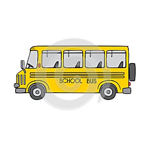 Yellow school bus. Side view cartoon icon. Isolated vector on a white background.