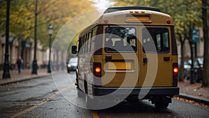 yellow school bus is standing on a narrow city road with the brake lights on