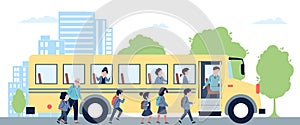 Yellow school bus, student go to transport. Cartoon pupil morning, children with backpack go to study. Kid