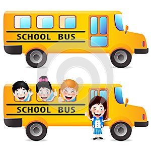 Yellow School Bus With Students Vector Pack