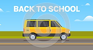 Yellow school bus transport and back to school pupils children transport concept.