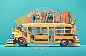 Yellow school bus and various books in blue studio. Generative AI