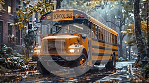 Yellow School Bus On Wet Street With Autumn Leaves And Streetlights