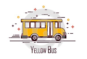 Yellow school bus on white background. Thin line flat design. Vector icon