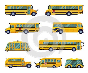 Yellow School Buses Set, Students Transportation Modern and Vintage Vehicles Flat Vector Illustration Isolated on White