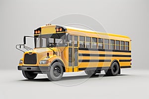 Yellow school passenger bus isolated on light gray background