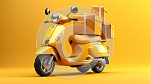 Yellow scooter with stack of boxes on yellowbackground. 3d illustration