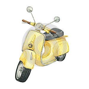 Yellow scooter watercolor illustration. Motorbike isolated on white background
