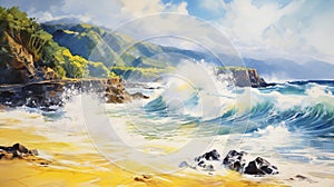 Yellow Sea Waves Crashing At Waimea Bay: A Naturalistic Landscape Painting