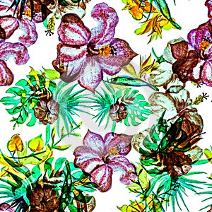 Yellow Seamless Background. Colorful Hibiscus Illustration. Purple Watercolor Design. Blur Tropical Texture. Green Pattern Foliage