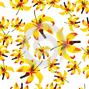 Yellow Seamless Exotic. Golden Pattern Hibiscus. White Tropical Painting. Beige Flower Plant. Floral Painting. Wallpaper Exotic.